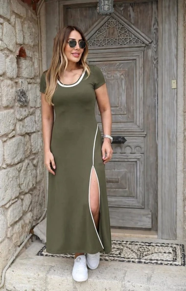 Kadın Kısa Kollu Yuvarlak Yaka Beyaz Yırtmaç Detaylı Viskon Tam Boy Elbise ürün görseli 1