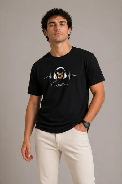 Erkek Müzik Temalı Baskılı Tişört Bisiklet Yaka Kısa Kol T-Shirt - Siyah ürün görseli 1