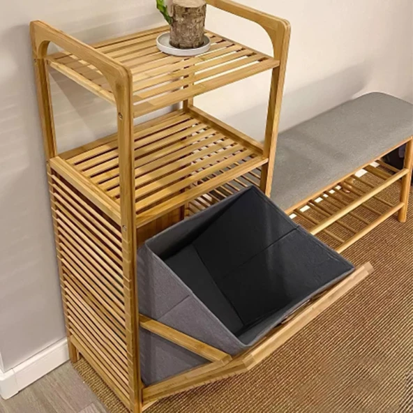 2 Organizer Raflı Ahşap Bambu Çek-Aç Kirli Sepeti - Resim 5