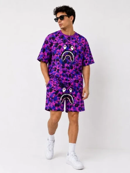 Erkek Oversize Kalıp Pubg Bape X Shark Nakışlı Cepli Şort Takım - Mor ürün görseli 1