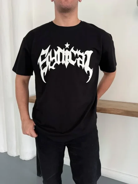 Erkek Bisiklet Yaka Ön Baskılı  Kısa Kollu Tişört Streetwear Günlük Basic Pamuklu T-shirt - Siyah ürün görseli 1