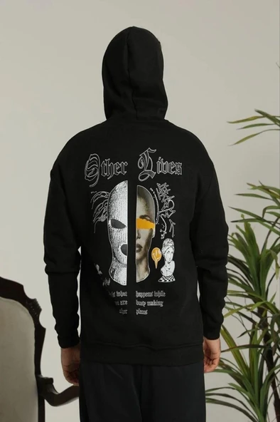 Erkek Kapşonlu Sweatshirt – Oversize Üç İplik Şardonlu Hoodie, “Other Lives” Ön - Arka Baskılı, Kanguru Cepli, Kışlık Rahat Günlük Stil - Siyah ürün görseli 1