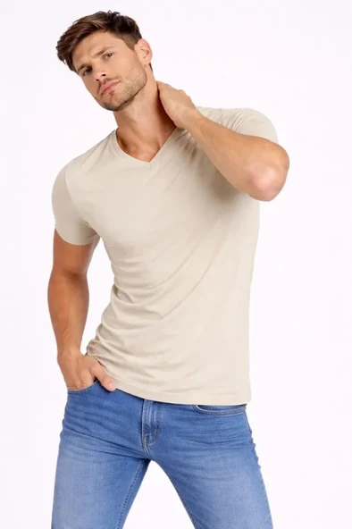 Erkek T-Shirt V Yaka Slim Fit Dar Kesim Likralı Tişört Günlük Basic Body - Taş ürün görseli 1