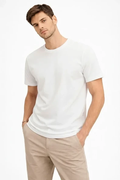 Erkek Bisiklet Yaka Tişört Regular Kalıp Basic Pamuklu Günlük Kullanım T-shirt - Beyaz ürün görseli 1