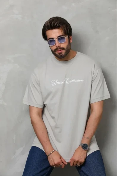 Erkek Baskılı T-Shirt Kısa Kol Bisiklet Yaka Regular Fit Rahat Kalıp Günlük Tişört - Gri ürün görseli 1