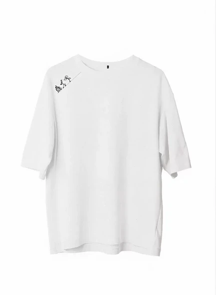 Unisex Bisiklet Yaka Baskılı Oversize T-Shirt - Beyaz ürün görseli 1