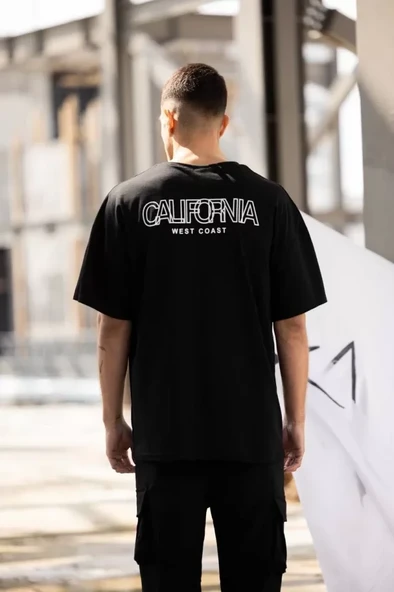 Unisex Bisiklet Yaka Baskılı Oversize T-Shirt - Siyah ürün görseli 1