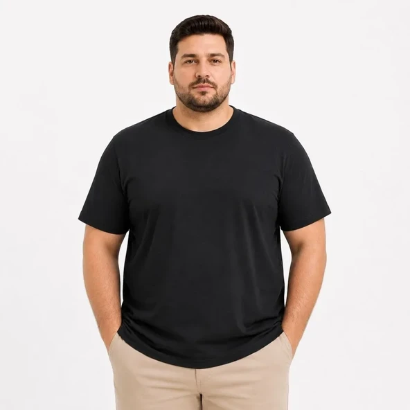 Erkek Battal Big Size Basic Tişört Bisiklet Yaka Rahat Kalıp T-Shirt - Siyah ürün görseli 1