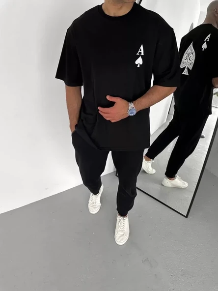 Unisex Bisiklet Yaka Baskılı Oversize T-Shirt - Siyah ürün görseli 1