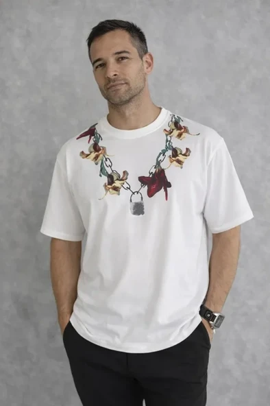 Erkek Baskılı T-Shirt Kısa Kol Bisiklet Yaka Regular Fit Rahat Kalıp Günlük Tişört - Beyaz ürün görseli 1