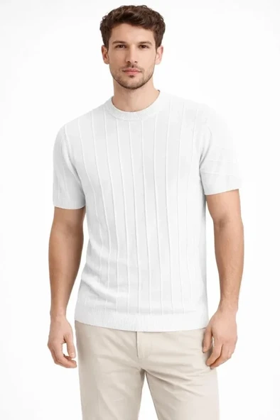 Erkek Yazlık Fitilli Triko Tişört Kısa Kol Bisiklet Yaka T-Shirt - Beyaz ürün görseli 1