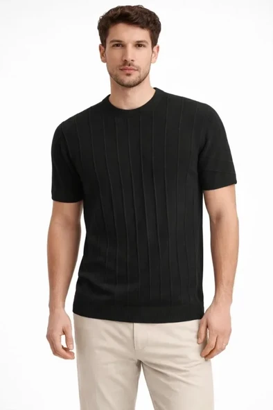 Erkek Yazlık Fitilli Triko Tişört Kısa Kol Bisiklet Yaka T-Shirt - Siyah ürün görseli 1