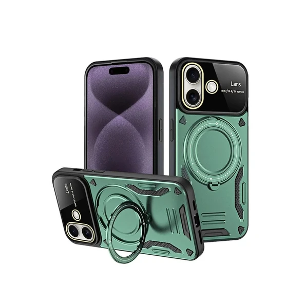 Apple İphone 16 Kılıf Joy Lens Standlı Kapak - Koyu Yeşil ürün görseli 1