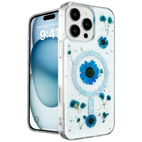 Apple İphone 16 Pro Max Kılıf Daisy Simli Magsafe Kapak - Mavi ürün görseli 1