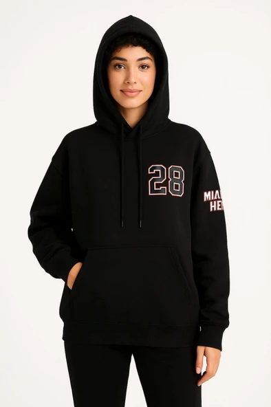 Üç İplik Kapüşonlu Ön Ve Arka Baskılı SweatShirt Hoodie - Siyah ürün görseli 1