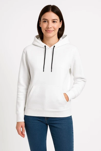 Üç İplik Kapüşonlu Kanguru Çepli SweatShirt Hoodie - Beyaz ürün görseli 1