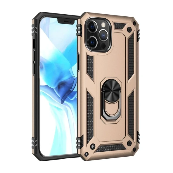 Apple İphone 12 Pro Max Kılıf Sofya Yüzüklü Silikon Kapak - Gold - Resim 7