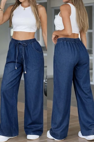 Kadın Yüksek Bel Lastikli Bağcıklı Kot Pantolon ürün görseli 1