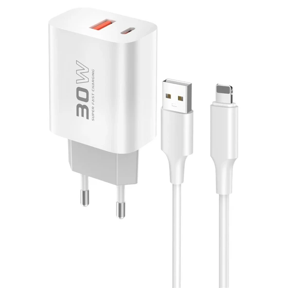 C89Q 1 Adet 30w Type-c Ve 1 Adet 22.5w Usb Çıkışlı Ekstra Dl48 1m Usb To Lightning Kablolu Pd Şarj Cihazı - Beyaz ürün görseli 1