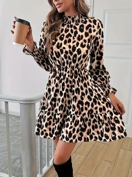 Kadın Uzun Kollu Yarı Balıkçı Yaka Leopar Desenli Modal Mini Elbise ürün görseli 1