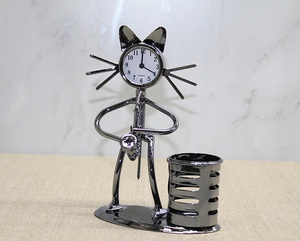 Metal Saksafon Çalan Müzisyen Kedi Saat Ve Kalemlik ürün görseli 1