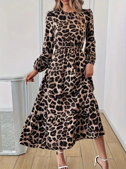 Uzun Kollu Bisiklet Yaka Leopar Desenli Midi Süprem Elbise ürün görseli 1