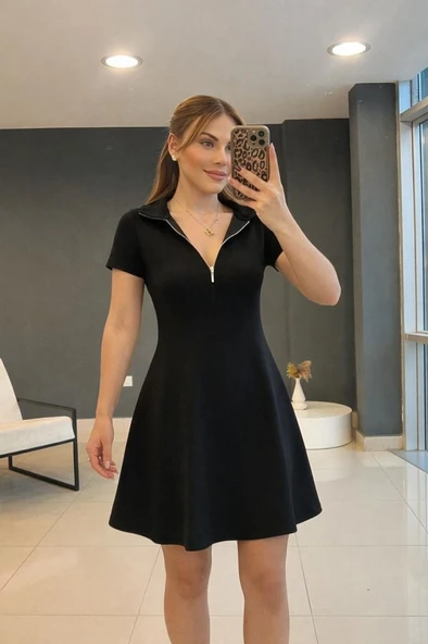 Kadın Kısa Kollu Yakası Fermuarlı Kısa Viskon Iki Iplik Elbise ürün görseli 1