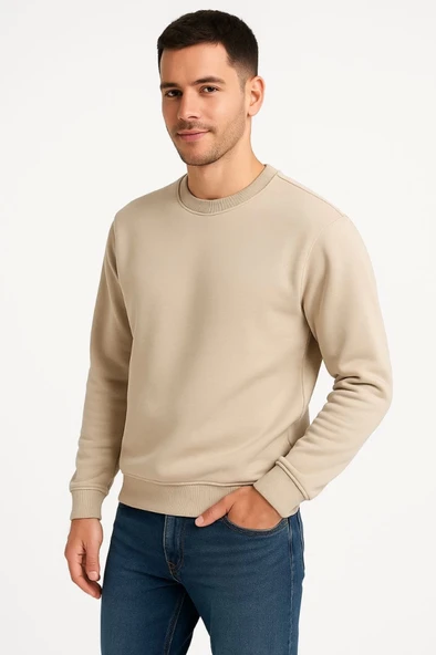 Erkek Üç İplik Düz Bisiklet Yaka SweatShirt - Bej ürün görseli 1