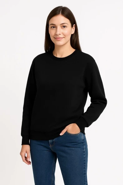 Üç İplik Düz Bisiklet Yaka SweatShirt  - Siyah ürün görseli 1
