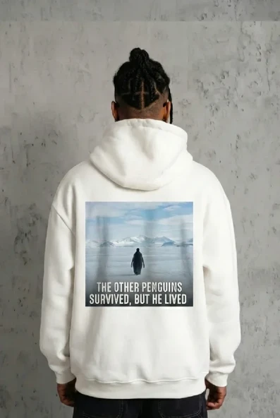 Siyah Oversize Hoodie - Sırt Baskılı Survivor Penguin Temalı, Felsefi Yazılı Kapüşonlu Sweatshirt - Beyaz ürün görseli 1