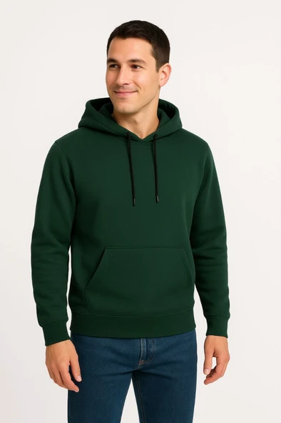 Erkek Üç İplik Kapüşonlu Kanguru Cepli SweatShirt Hoodie - Haki ürün görseli 1