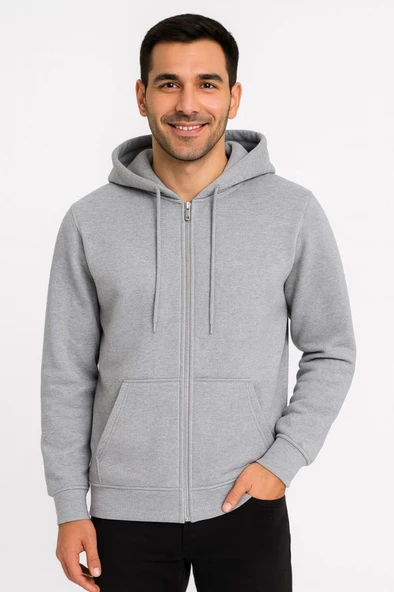 Erkek Üç İplik Kapüşonlu Tam Fermuarlı Kanguru Çepli SweatShirt Hoodie - Gri ürün görseli 1