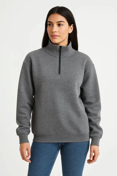Üç İplik Dık Yaka Yarım Fermuarlı SweatShirt - Antrasit ürün görseli 1