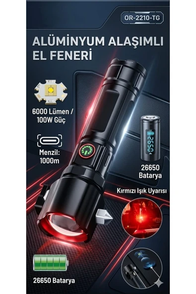 100 Watt 1000 Metre Menzilli  Çakarlı Teleskopik Zoomlu Şarj Edilebilir Alüminyum El Fener ürün görseli 1