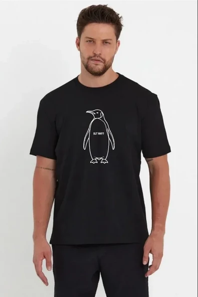 Erkek Nihilist Penguen Özel Tasarım Oversize Bisiklet Yaka Tişört - Siyah ürün görseli 1