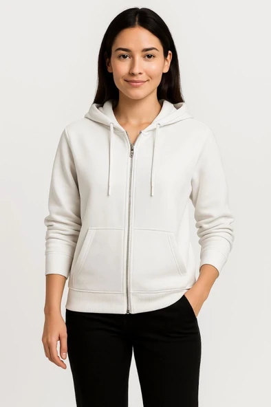 Üç İplik Kapüşonlu Tam Fermuarlı Kanguru Çepli SweatShirt Hoodie - Beyaz ürün görseli 1