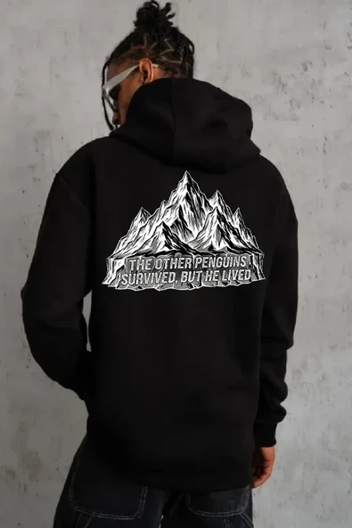 Erkek Nihilist Penguen Temalı Oversize Kapüşonlu Sweatshirt - Siyah ürün görseli 1