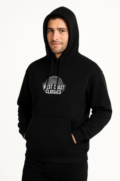 Erkek Üç İplik Kapüşonlu Ön Ve Arka Baskılı SweatShirt Hoodie - Siyah ürün görseli 1