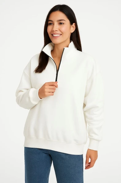 Üç İplik Dık Yaka Yarım Fermuarlı SweatShirt - Beyaz ürün görseli 1