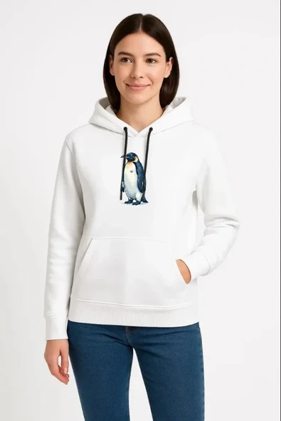 Oversize Hoodie - Sırt Baskılı Survivor Penguin Temalı, Felsefi Yazılı Kapüşonlu Sweatshirt - Beyaz ürün görseli 1
