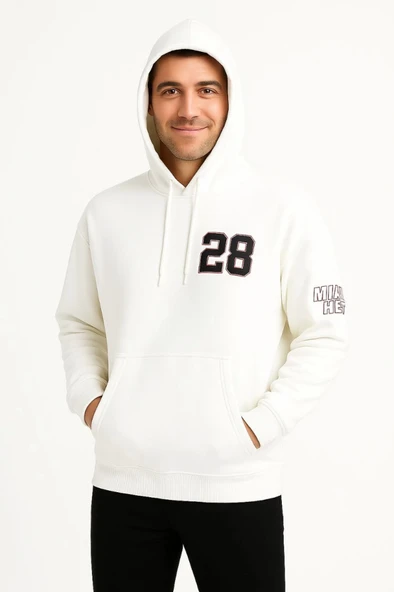 Üç İplik Kapüşonlu Ön Ve Arka Baskılı SweatShirt Hoodie - Beyaz ürün görseli 1