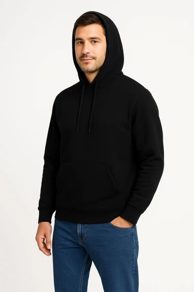 Erkek Üç İplik Kapüşonlu Kanguru Cepli SweatShirt Hoodie - Siyah ürün görseli 1