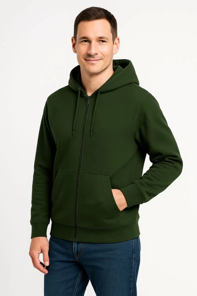 Erkek Üç İplik Kapüşonlu Tam Fermuarlı Kanguru Çepli SweatShirt Hoodie - Haki ürün görseli 1