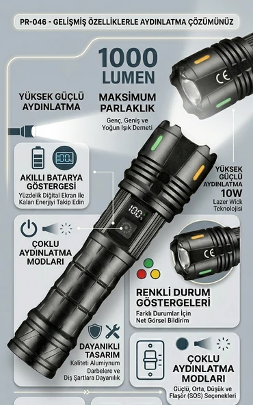 1000 Lümen 10 Watt Teleskopik Zoomlu Şarj Edilebilir Dijital Göstergeli Alüminyum El Fener ürün görseli 1