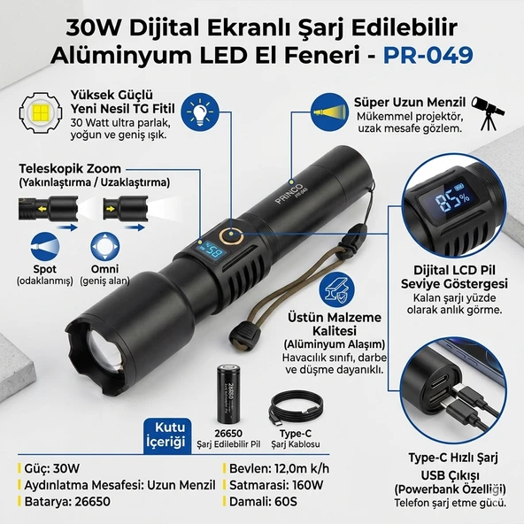 30 Watt Teleskopik Zoomlu Şarj Edilebilir Dijital Göstergeli Alüminyum El Fener 2000 Mah Batarya ürün görseli 1