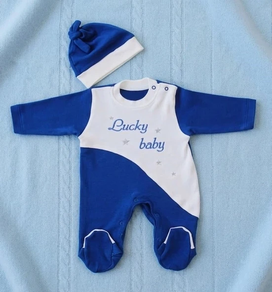 Lucky Baby Kaşındırmayan Yumuşak Dokulu Çizgili Bebek Tulumu & Şapka Seti (0-6 Ay) ürün görseli 1