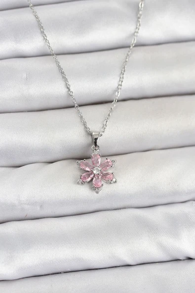 316L Çelik Zincir Gümüş Renk Pembe Zirkon Taşlı Lotus Model Kadın Kolye TJ-BKO11064 ürün görseli 1