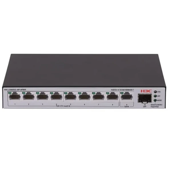 H3C Aolynk S1600V2-10P-Hpwr 8 Port Gigabit + 1Xgb Sfp/1Xrj45 Uplink 125W Poe Yöneti̇lebi̇li̇r Switch ürün görseli 1