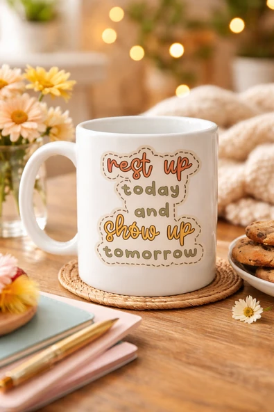 Motivasyon Mesajlı Porselen Kupa Model 146 – “Rest Up Today, Show Up Tomorrow” Yazılı – Kahve & Çay Kupası – Hediye Fikri ürün görseli 1