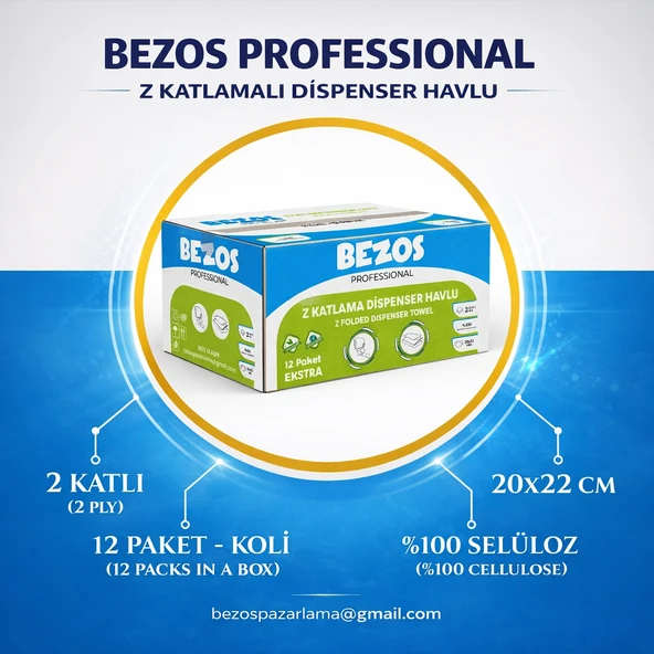 Bezos Professional Z Katlamalı Dispenser Havlu 2 Katlı Selüloz 20X22 Cm 12’Li Koli ürün görseli 1